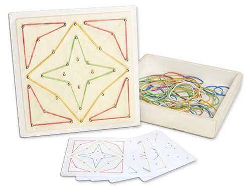 Geometriebrett mit Gummiringen und Aufgabenkarten